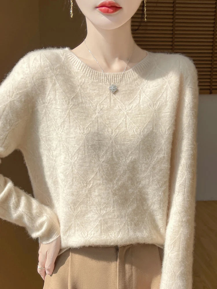 Women 100% Merino Wool Sweater Casual Hollow out Cashmere Blouse O-neck Pullover Tops Autumn Winter Warm Knit Woman Wool Sweater