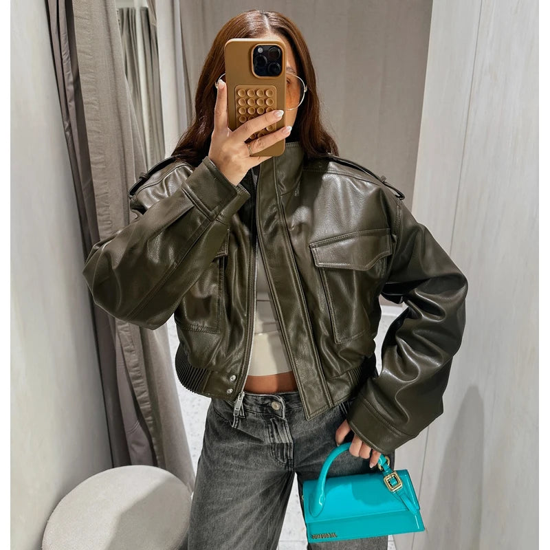 Mujer Faux Leather Cropped Bomber Jacket For Women Zipper Front Coat
