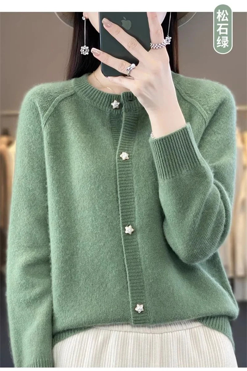 New Women Cardigan Sweater Autumn/Winter Round Neck Star Button Solid Knit Bottoming Shirt Jacket Quality Knitwear Female Tops