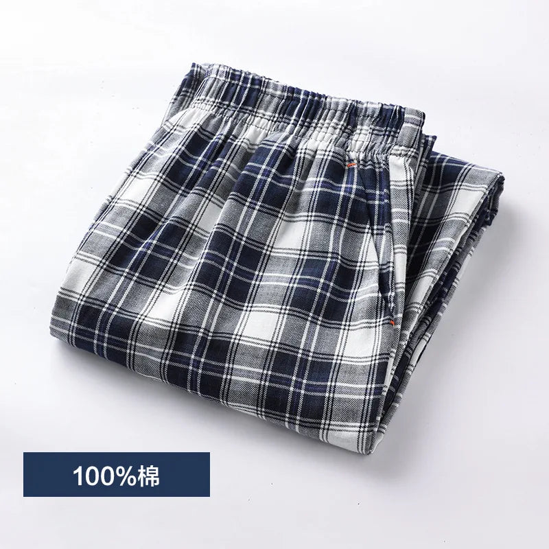 Spring Summer High Quality Pants Men 100% Cotton Sleep Bottoms Male Plus Size Night Trousers Men Casual Loose Plaid Home Pants