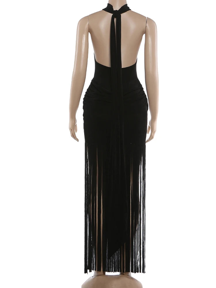 Weird Puss Velvet Halter Dress Women Ruched Patchwork Tassel Hem Backless Bodycon
