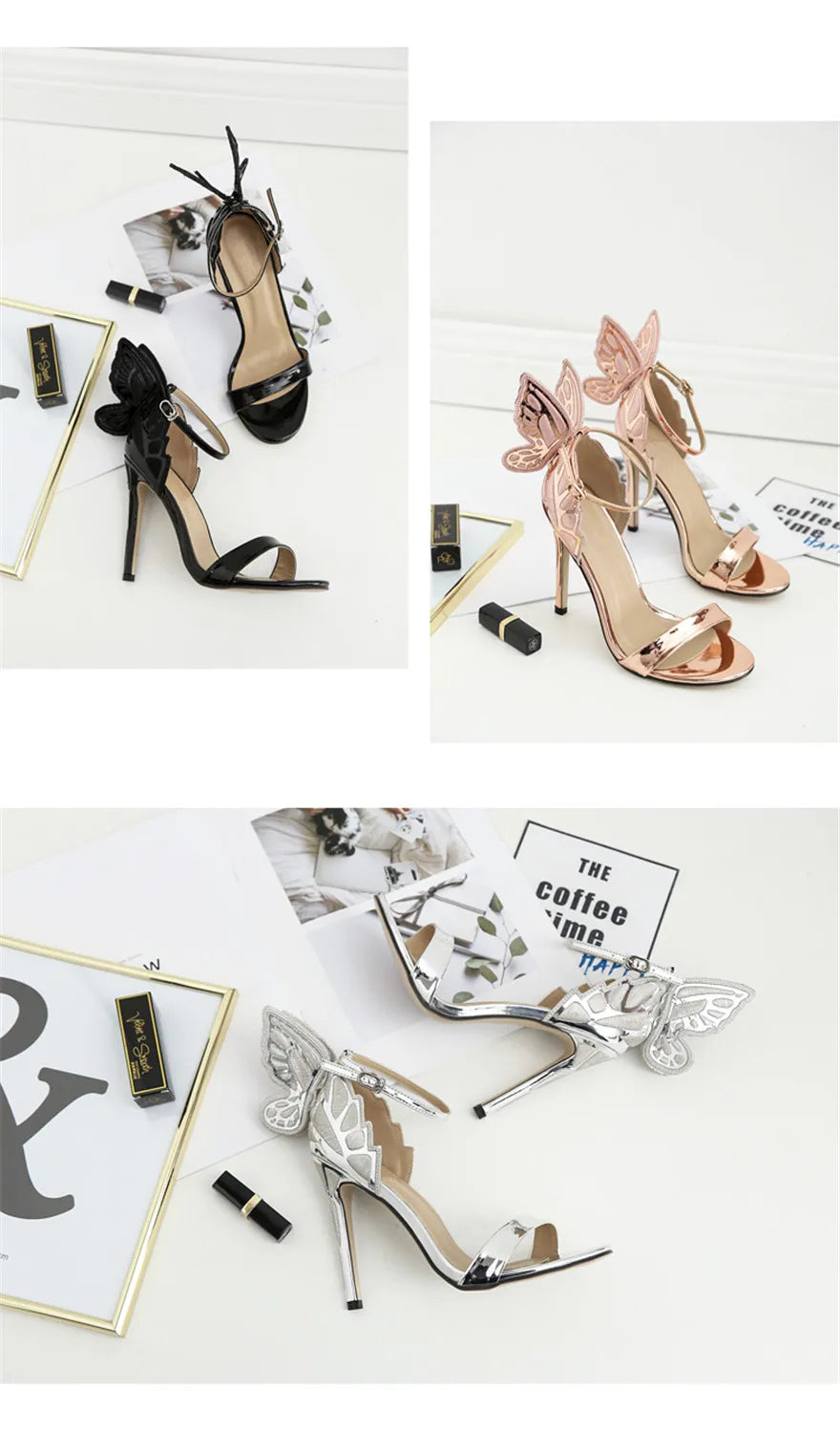 New Design Butterfly Wings Sandals Women Sexy Stiletto Patent Leather Party Dress Open Toe Buckle High Heels Platform Shoes Lady