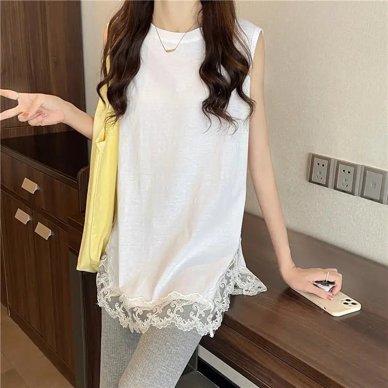 White Tanks Women Solid Lace Sleeveless Loose Tops Leisure Daily Korean Fashion Ins Harajuku Summer Simple 3XL Trendy Basics