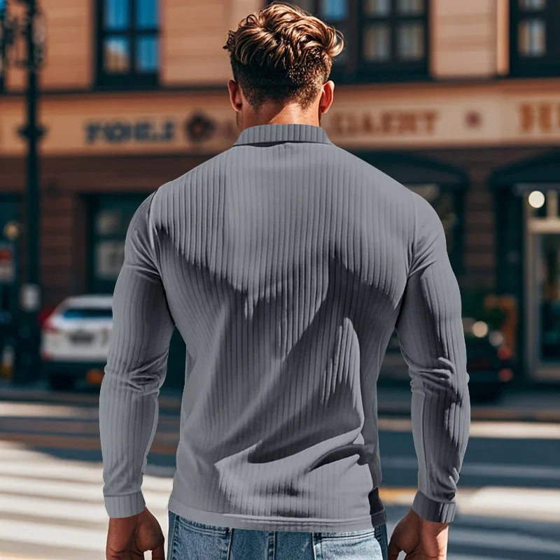 Cross-border autumn men's classic casual American lapel button-up long-sleeved T-shirt elastic pit strip polo shirt