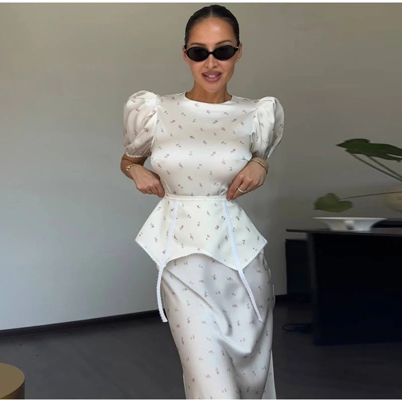 Women's White Floral Print Puff Sleeve Dress With Waistband Fashion Satin Ruffled Hem Maxi Dress Lady 2026 Elegant Party Robes