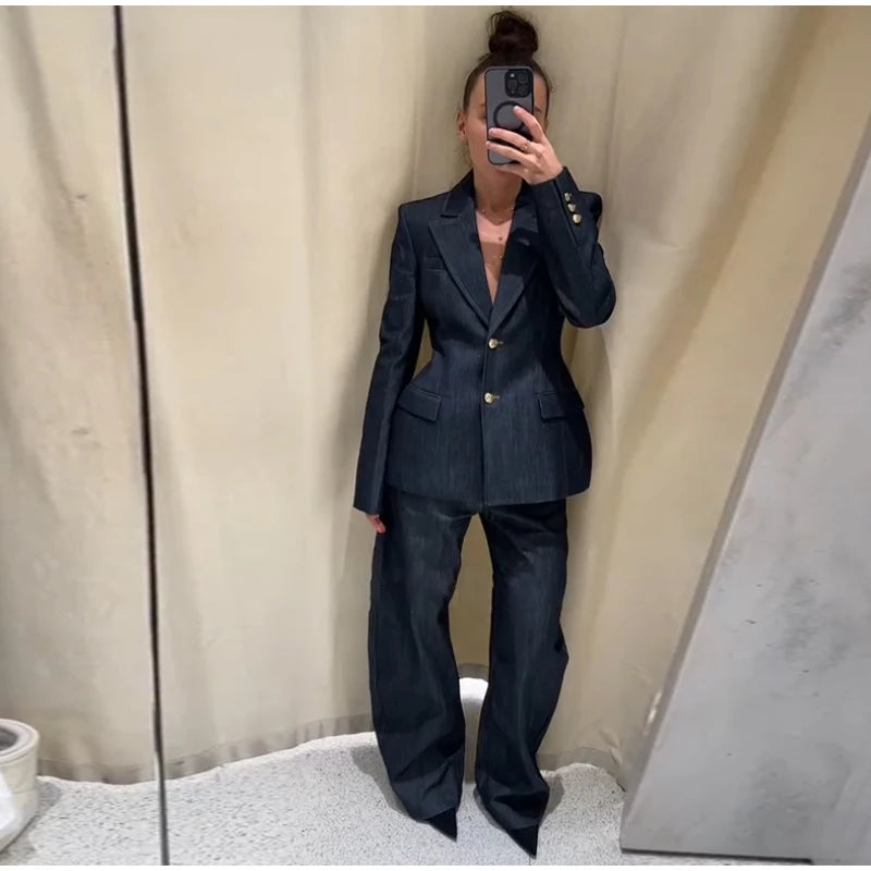 Elegant Denim Blazer Vest Pants Set Women Single-breasted V-Neck Suit Coat Strapless Tanks Straight Leg Jeans 2025 New Lady Suit