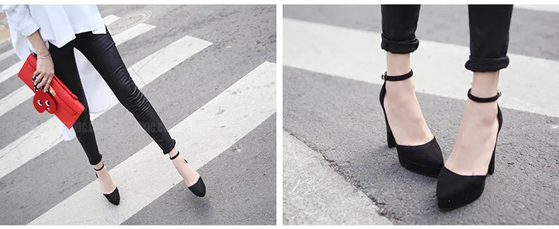 Black Platform Pumps for Women 14cm Spike Heels Ankle Strap Sexy Fashion High Heels Party Wedding Shoes Ladies