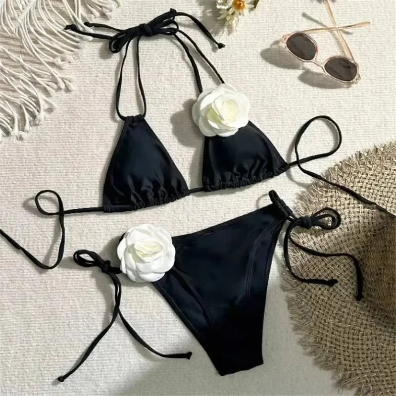 Women Two Piece Bikini Set 3D Floral Bandeau Swimwear Sexy Brazilian Bikini Lace Up Bathing Suit Separate Beachwear For Women
