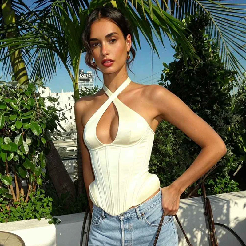 Sexy Hollow-out Fishbone Tank Tops 2026 Summer New Female Solid Halter Lace-up Backless Sleeveless Vest Women's Slim Clubwear