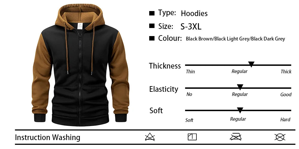 Autumn Winter Men's Color Blocking Hoodies Zipper Closure Long Sleeve Jacket Male Loose Casual Sports Multi Pockets Sweatshirt