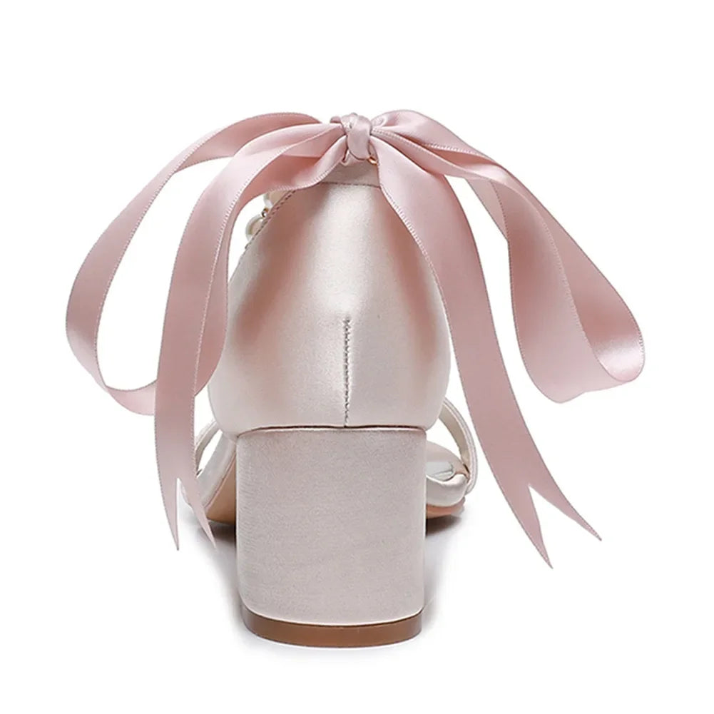 String Bead Sandals for Women Summer Peep Toe Sandals Ladies Fashion Ribbon Bow Thick High Heels Sexy Wedges Wedding Shoes 35-43