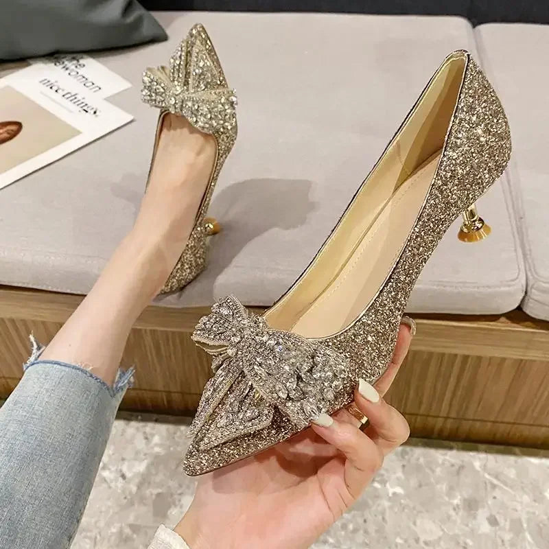 Women's Summer Footwear Stilito Rhinestone Shoes for Woman 2025 with Wedding Bride Genuine Mark Chic and Elegant A Comfortable E