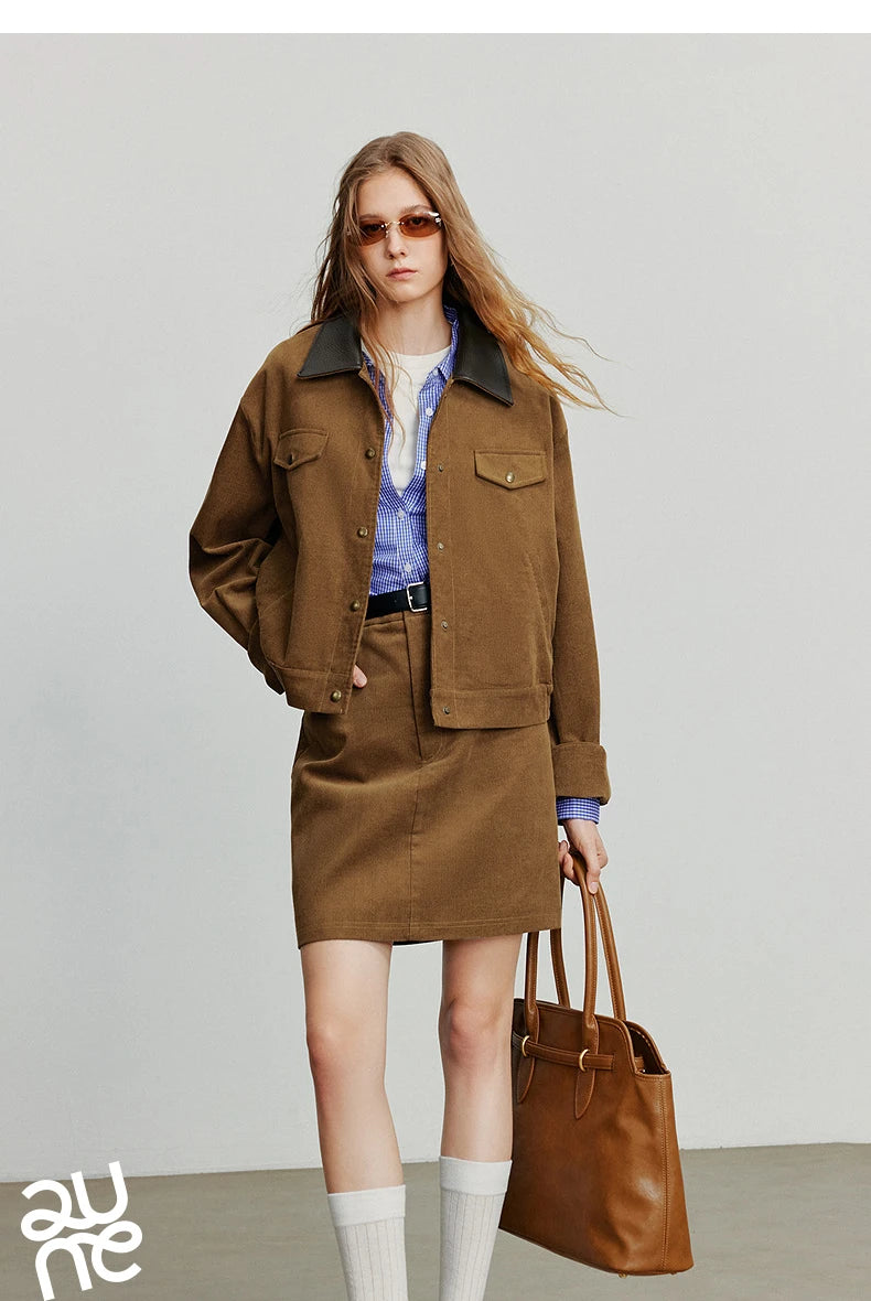 TOYOUTH Women Midi Skirt 2025 Autumn New Retro Corduroy Elastic Waist Pure Cotton A Line Mini Skirt