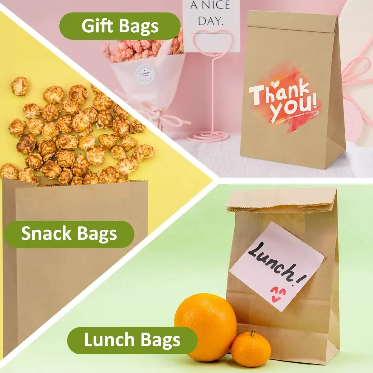 50/100pcs Lunch Paper Bags Kraft Paper Bags Recyclable Snack Bags Grocery Bags for Candy Sandwich Bread Food Storage
