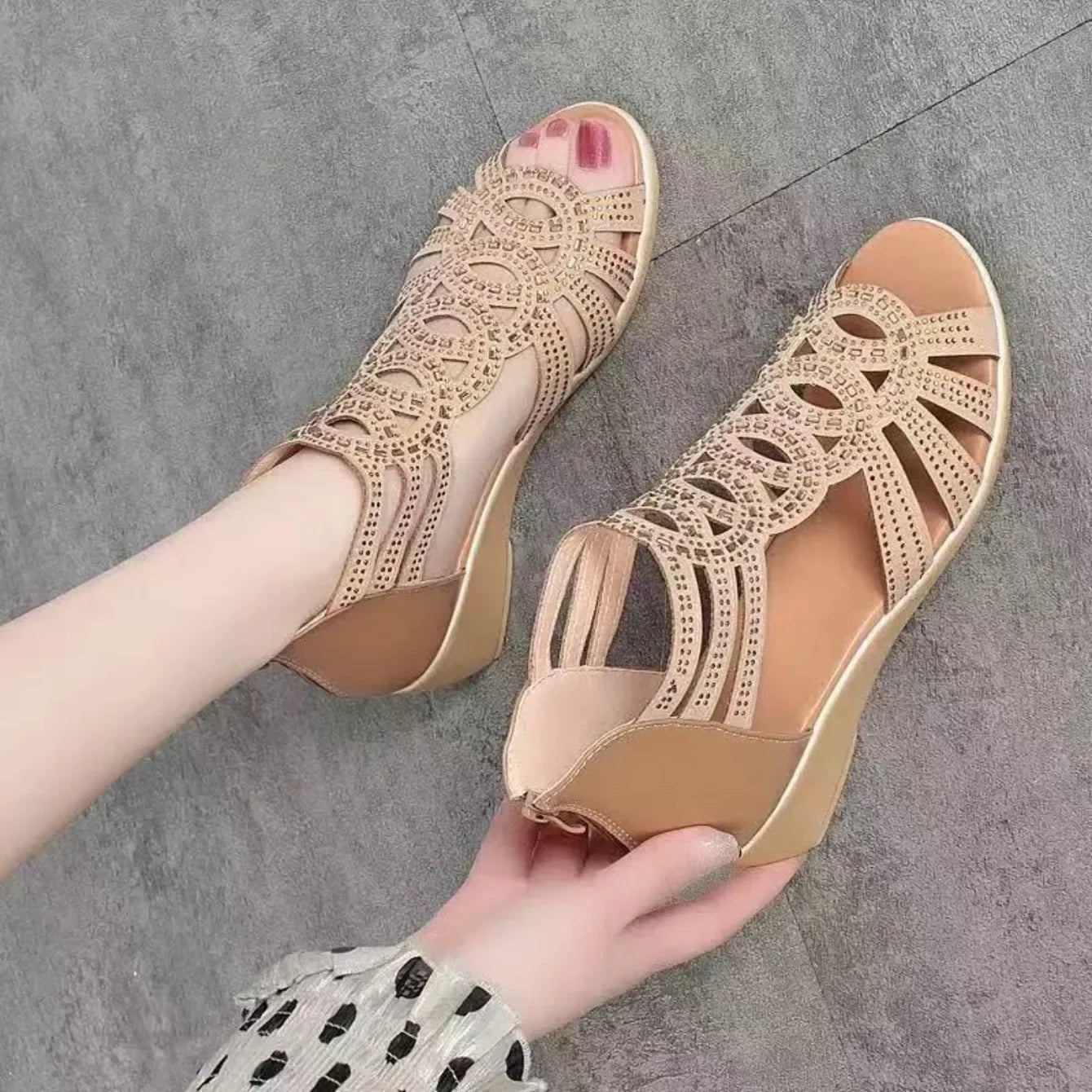 Women Sandals Wedges 2025 New Summer Comfortable Hollow Roman Sandals Elegant Low Heel Shoes for Women Fashion Zapatos De Mujer
