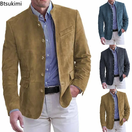 New Men's Business Casual Suit Jacket Autumn Winter Fashion Commuter Daily Basic Blazer Solid Stand Collar Jacket Men's Clothing