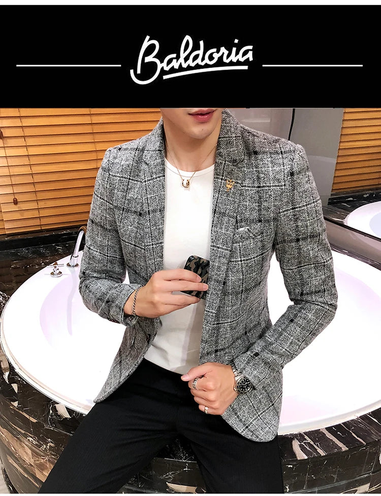 Spring and Autumn New Boutique Japanese Style Print Stand Collar Mens Casual Jacket Slim Male Coat Male Plaid Suit Jacket Blazer