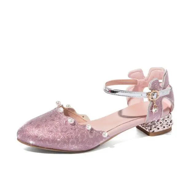 Princess Kids Leather Shoes Girls Sandal Sweet Pearl Casual Glitter Children High Heels Girls Party Dance Shoes Pink Gold Silver