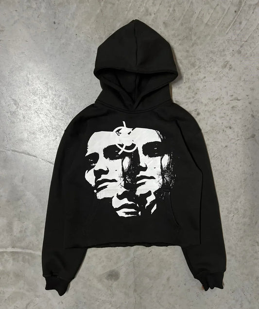 Women's large hooded sweatshirt retro long sleeved streetwear with portrait print Y2K Gothic Harajuku sweater from the 2000s