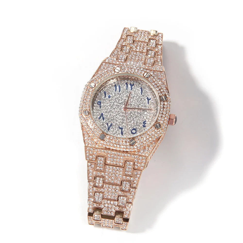 UWIN Hip Hop Stainless Steel Wristwatches for Men Full Iced Out Stones Fashion Luxury Zircon Quartz Square Watches for Gift