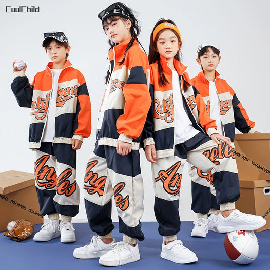 Boys Hip Hop Baseball Jacket Street Dance Loose Pants Girls Contrast Coat Joggers Kids Jazz Sport Clothes Sets Child Streetwear