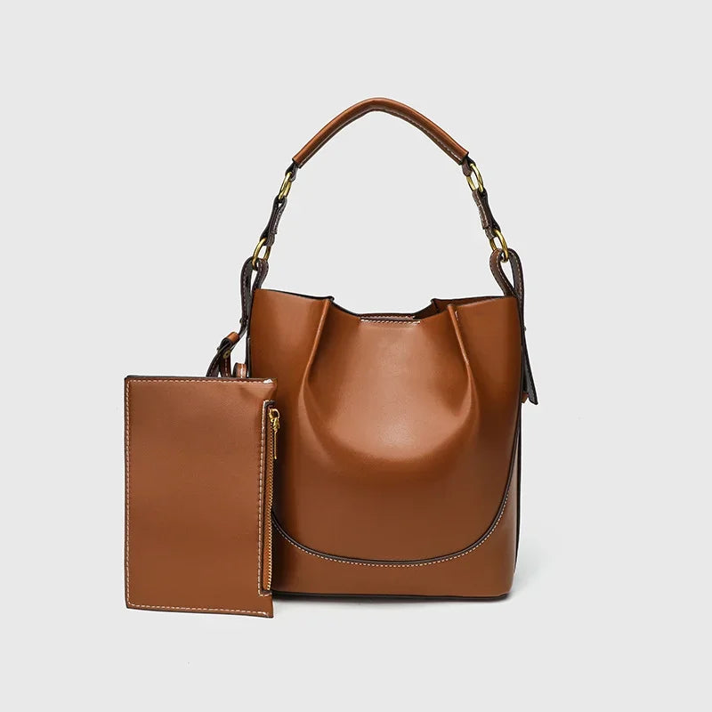 New Women's Large Capacity Bucket Bags with Wide Shoulder Strap Single Shoulder Handbag Drawstring Handheld Crossbody Bags