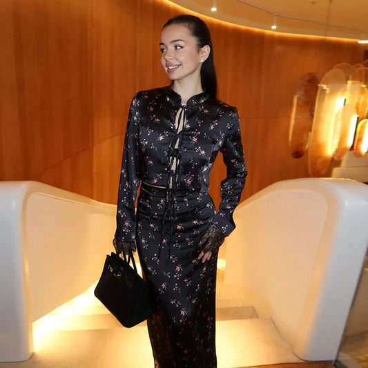 2 Piece Print Skirt Sets Women Elegant Lace Floral Lace-Up Long Sleeves Cardigan Sexy Long Skirt Female Satin Outfits