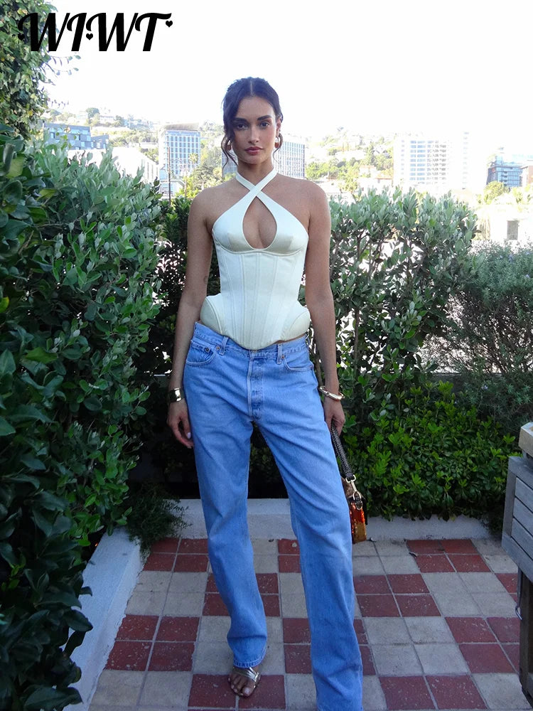Sexy Hollow-out Fishbone Tank Tops 2026 Summer New Female Solid Halter Lace-up Backless Sleeveless Vest Women's Slim Clubwear