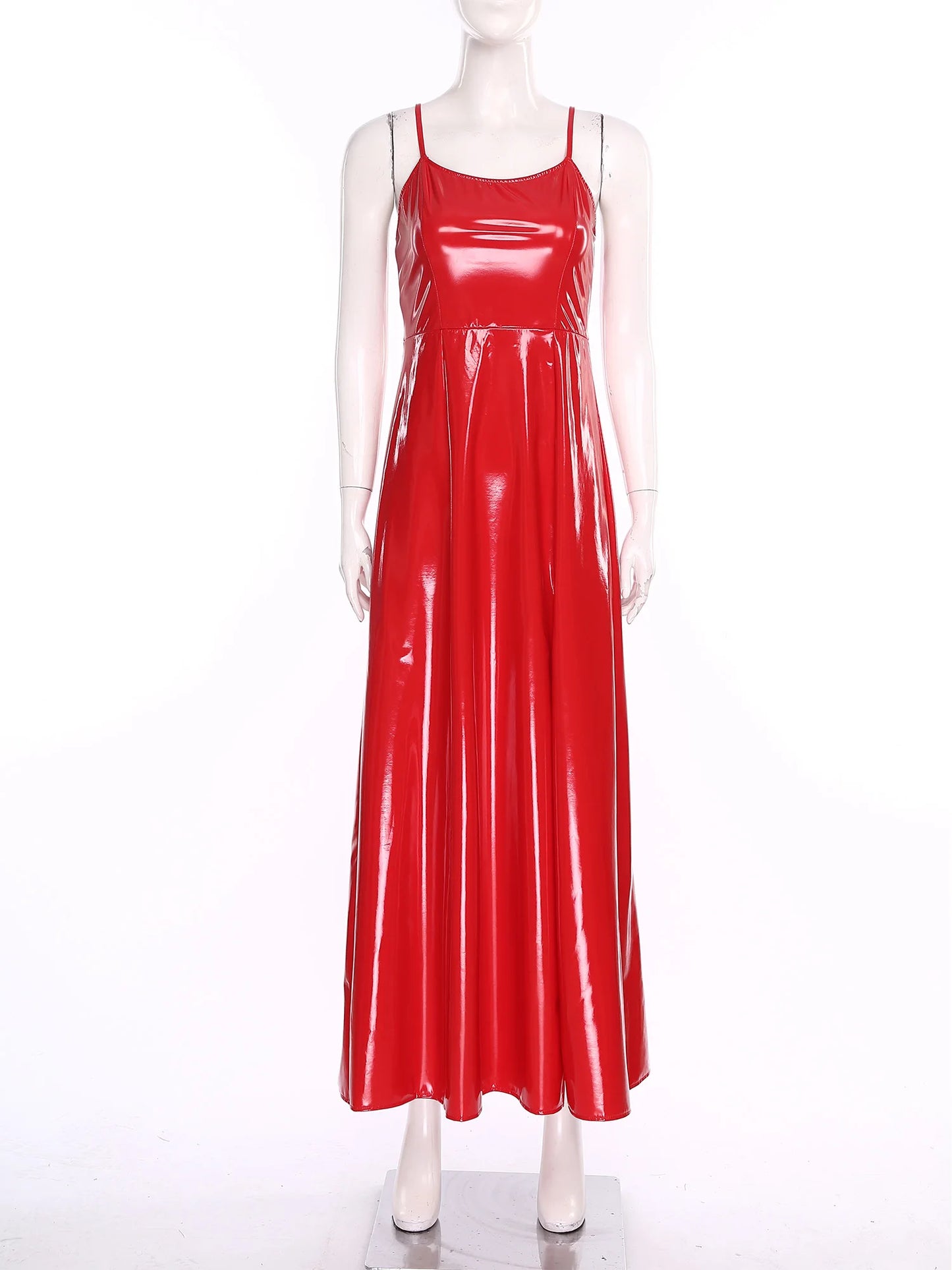 Womens Gothic Punk Glossy Maxi Dress PU Leather Side Slit Hem Back Lace-up Sling Bodycon Dress Raves Party Costume Clubwear