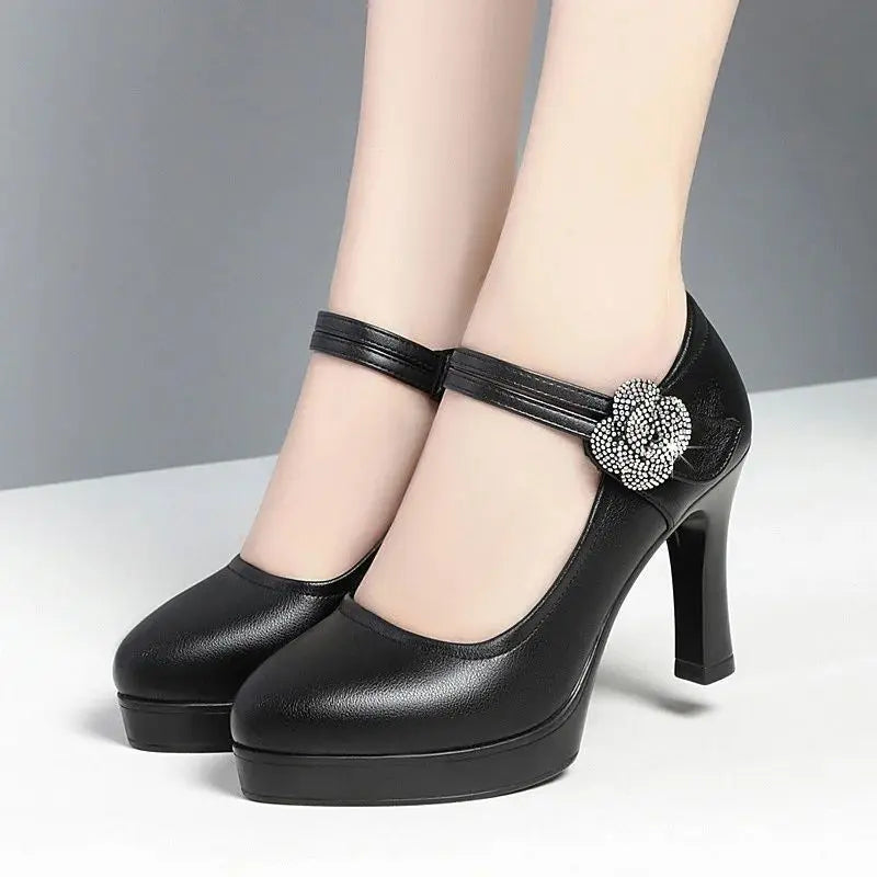 Women's Pumps Pointed Toe Office Soft Leather Flower Buckle Strap Platform High Heels Four Season Shallow Mouth Single Shoes