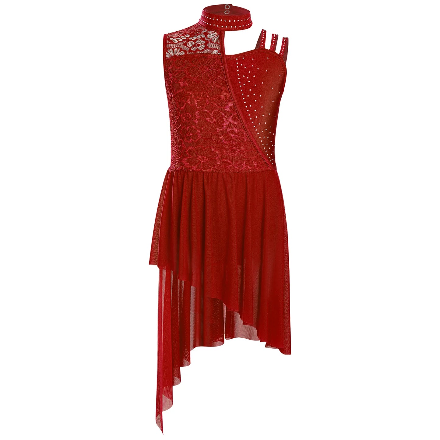 Kids Girls Ballet Lyrical Dance Dress Sleeveless Modern Contemporary Dancewear Floral Lace Rhinestones Gymnastics Leotard Dress