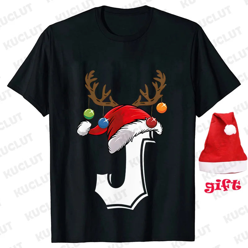 Funny Christmas Party Tshirt Fashion Women T Shirt Tops Short Sleeves T-shirt 26 A~Z Alphabet Casual Tees with Santa Hat Gift