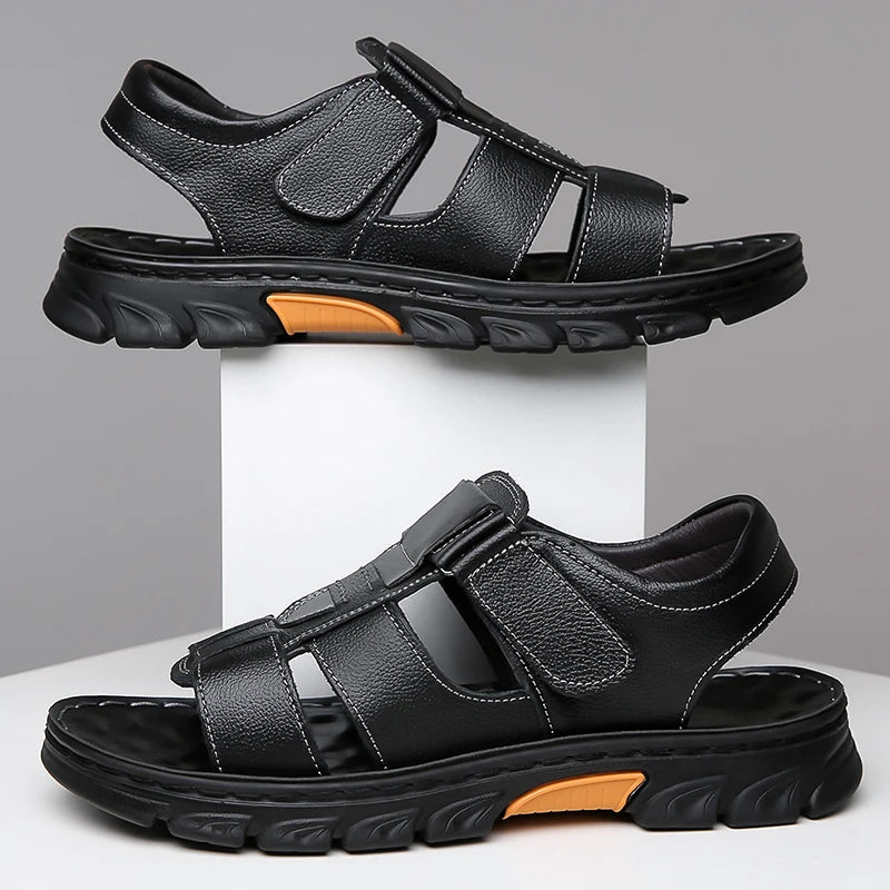 Men's Sandals Adjustable Solid Color Shoes Summer Casual Comfort with Durable Rubber Sole, Breathable PU for Outdoor Walking