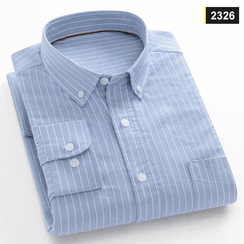 Fashion korean trends casual long-sleeve shirts for men slim fit plain shirt 100%cotton plaid striped tops soft designer clothes