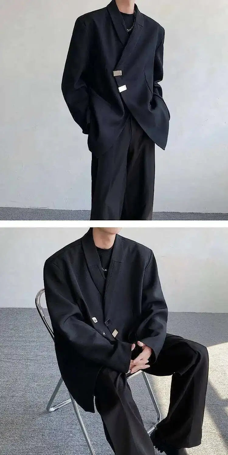 IEFB Metal Button Design Men's Blazers Shawl Collar Oblique Placket Design Casual Clothing Solid Color Male Suit Jackets 9W957