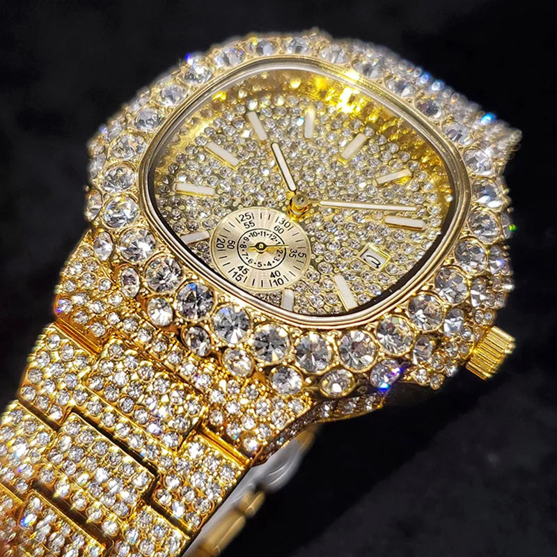 MISSFOX Iced Out Watch For Men Luxury Fashion Gold Quartz Watches Hip Hop High Quality Waterproof  Male Daimond Clock New Gift