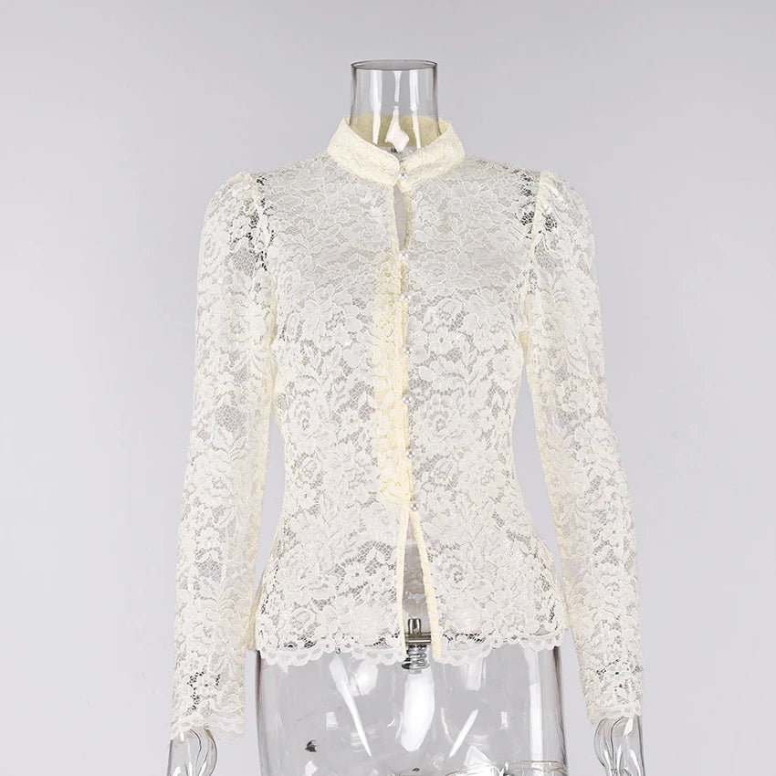 Linad Elegant Sheer White Embroidery Blouses Women Autumn Street Chic Lace Stand Collar Shirt And Blouse 2025 Casual Tops Female