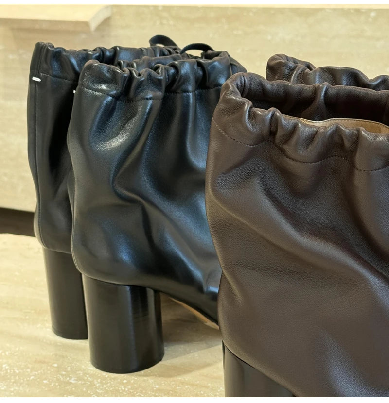 Street Style Fashion Split Toe Women Mid-calf Boots Autumn Winter Genuine Leather Tabi High heels Modern Chunky Booties Shoes
