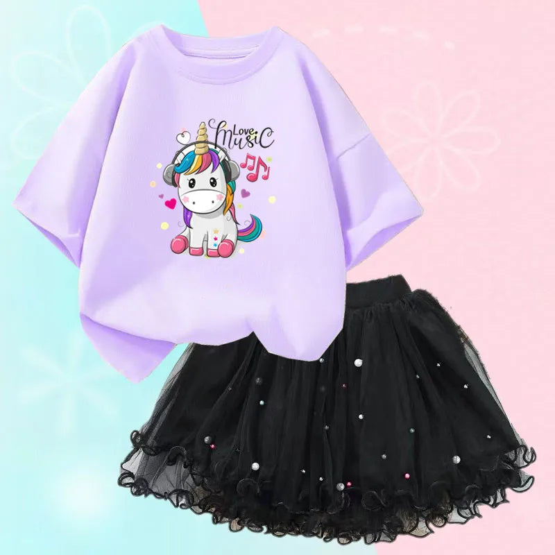 Dresses For Girl Summer Fashion Wear Outfit Kids T-Shirt Suit Unicorn Party Baby Costumes For Children Tulle Tutu Skirt Clothing