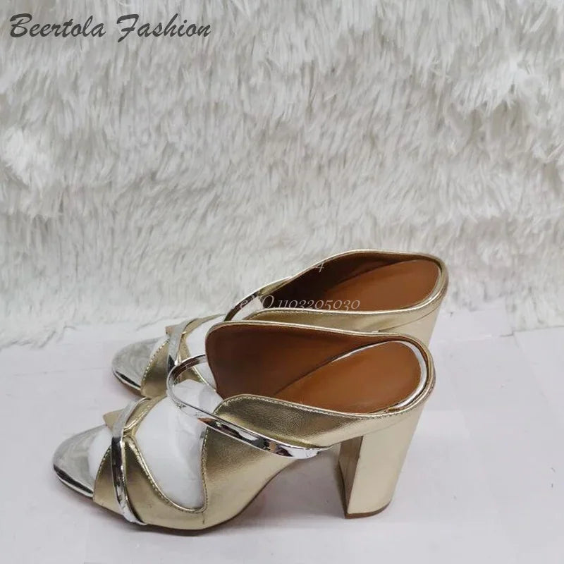 Light Brown Peep Toe Shell Hollow Sandals Women Elegant Black Leather Slingback Chunky Heel Slippers Spring Mixed Colors Pump