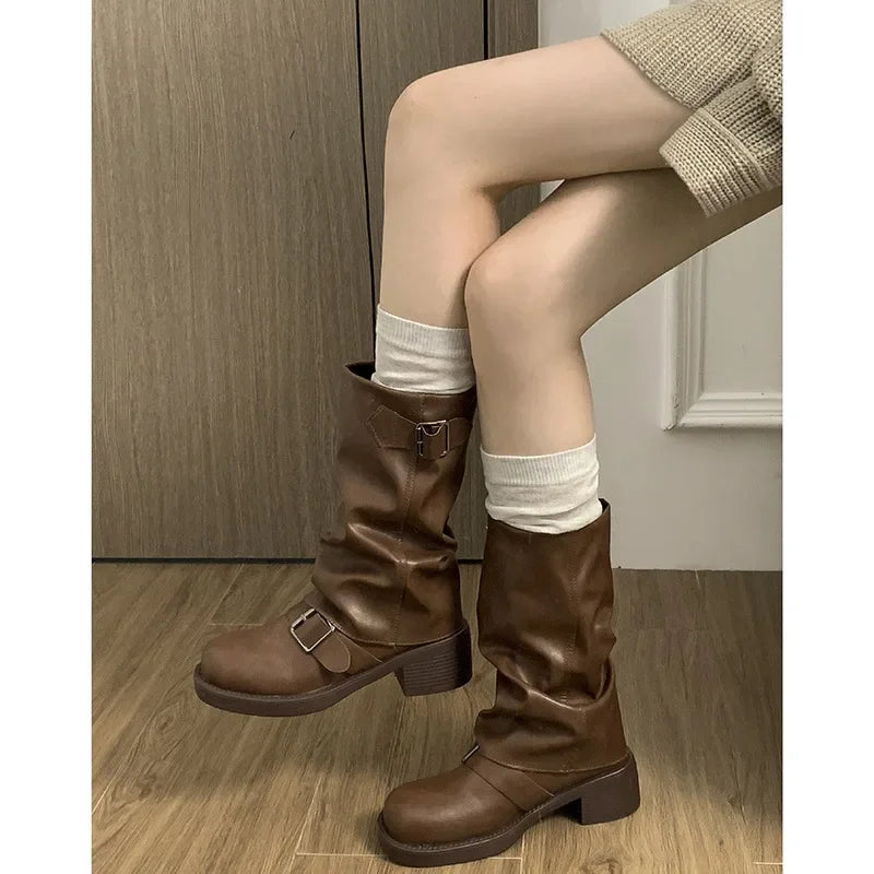 Pleated Buckle Knight Boots for Women Autumn Brown PU Leather Mid Calf Boots Woman Slip-On Thick Heel Riding 2024