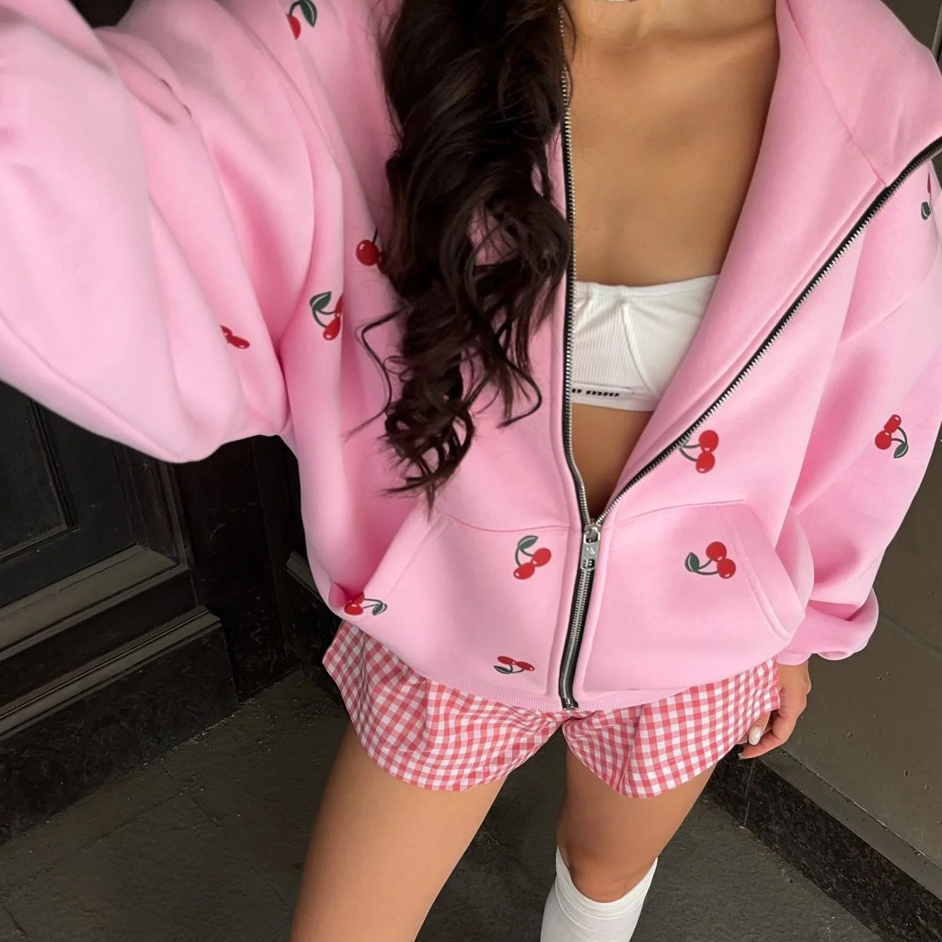 Women's Cherry Printed Sweatshirt Jacket 2025 Autumn Street Style Fashion Trendy Brand Loose Versatile Sports Hoodie Female New