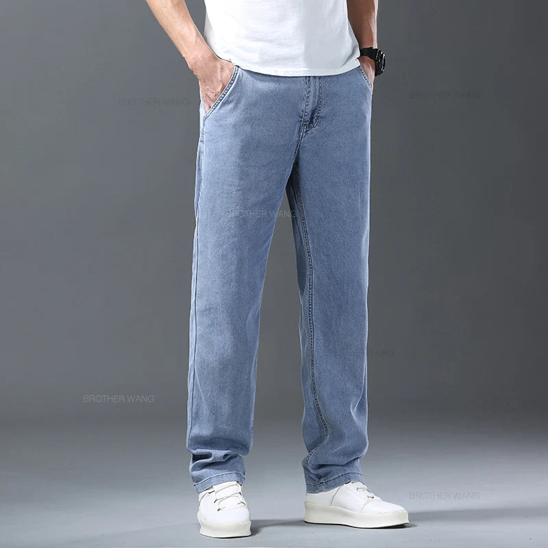 Lyocell Ice Silk Jeans Men's Summer Ultra-thin Loose Straight Denim Pants Soft Comfortable Brand Male Light Blue Trousers