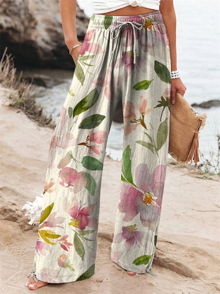 2025 New Women's Drawstring Relaxed-Fit Casual Pants 3D Floral Print Comfortable Breathable Fashionable Wide-Leg Pants
