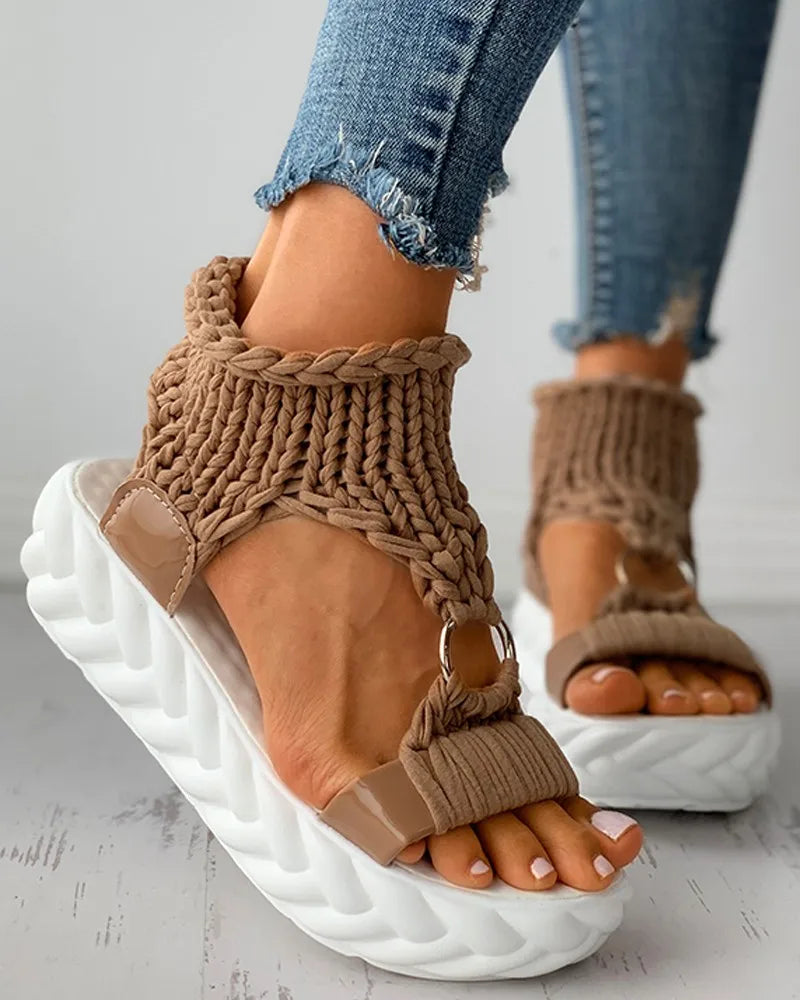 Sandals Women's Braided Knit O-Ring Cutout Platform Summer Gladiator Sandals Shoes Thick Heels Ladies White Sandalias Casual