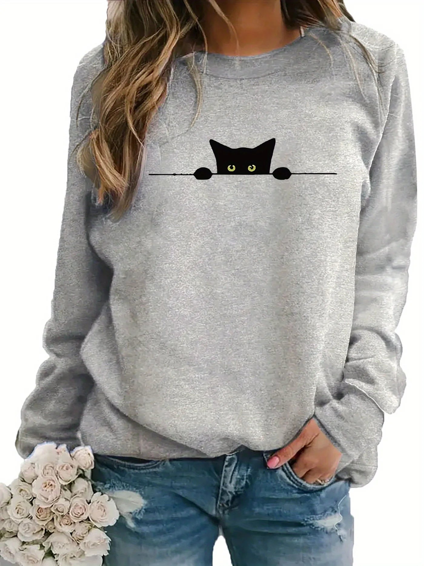 Women's Casual Blackcat Print Pullover Sweatshirt Geometric Design Long Sleeve Round Neck Machine Washable Regular Fit for Autum