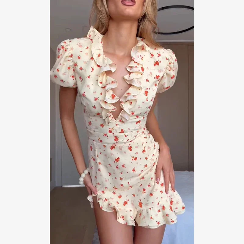 Chic Ruffle Print Slim Fit Dress Women Chic Flared sleeves V-neck Pleated Short Dresses 2026 Lady Summer Casual Daily Vestidos BAZAARHUBO