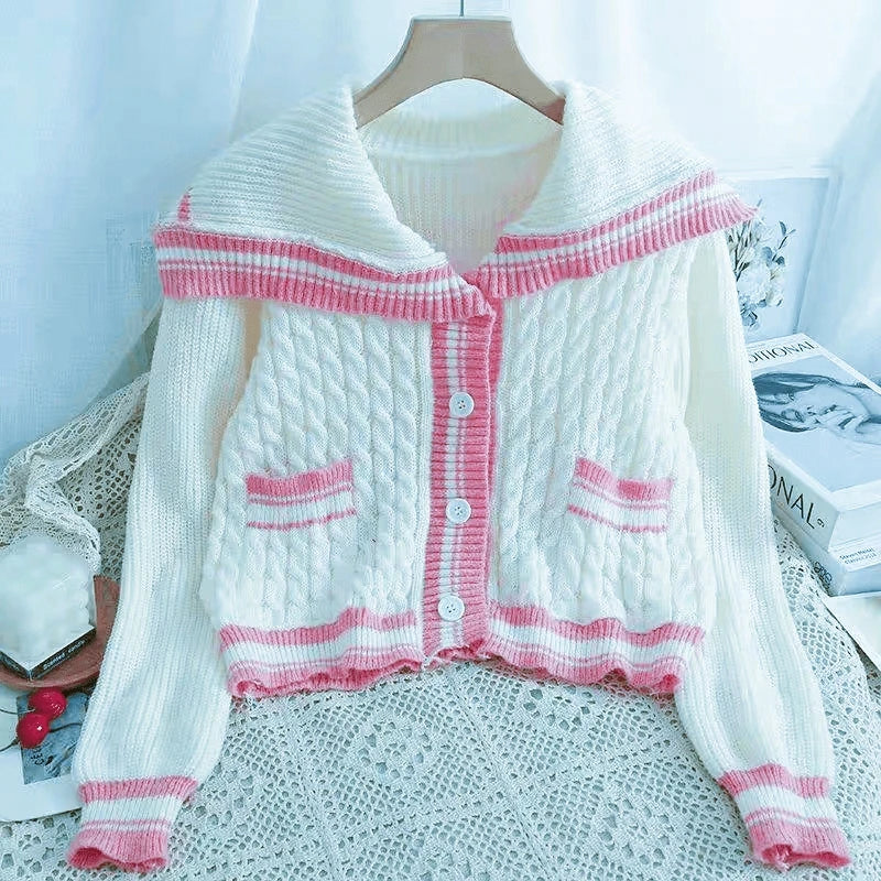 Knitted Spring Preppy Style Sailor Neck Women's Knitted Cardigan Elastic Wide Leg Pants Long Sleeve Korean Sportswear Set