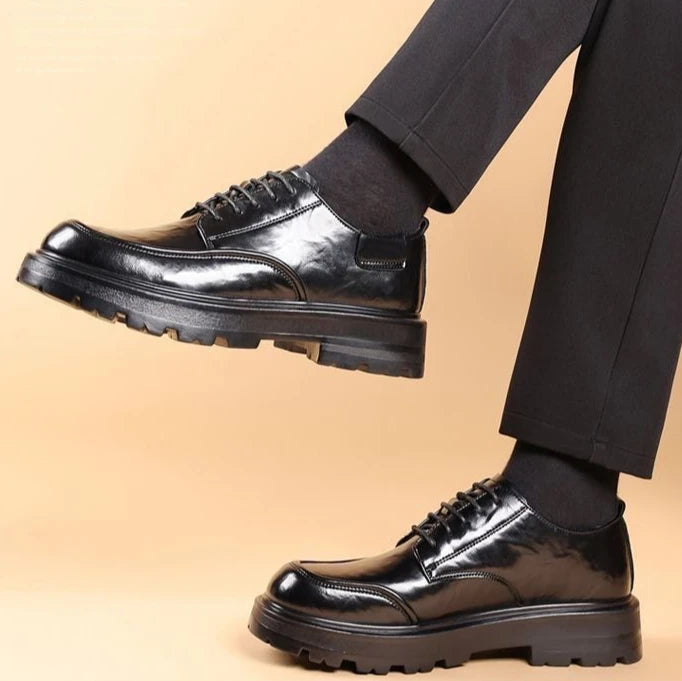 Round Toe Height Increasing Thick Sole Black Leather Shoes for Men Low Price High Quality Social Fashion New in Man Casual Shoe