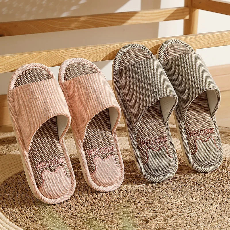 Couples Home Linen Slippers Women Indoor Soft Comfortable Bedroom Slides Men Leisure Non Slip House Shoes Platform Cotton Flats